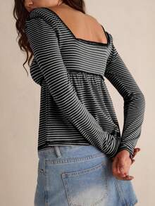Easelle Vintage nomadischer, Washeder, abgenutzter Quadratkragen Spitzen-Patchwork Schwarz-Weiß gestreiftes Damen Top - Verschiedenfarbig - Übersicht 2