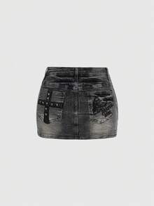 ROMWE Grunge Punk Y2K 坏女孩骷髅刺绣铆钉装饰超低腰女士牛仔迷你裙 - 灰色 - 查看 1