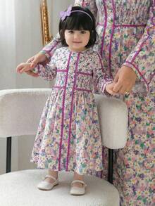 Young Girl Floral Print Round Neck Shirred Long Sleeve Dress - Multicolor - View 1