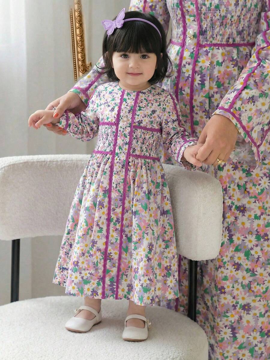 Young Girl Floral Print Round Neck Shirred Long Sleeve Dress - Multicolor - View 1