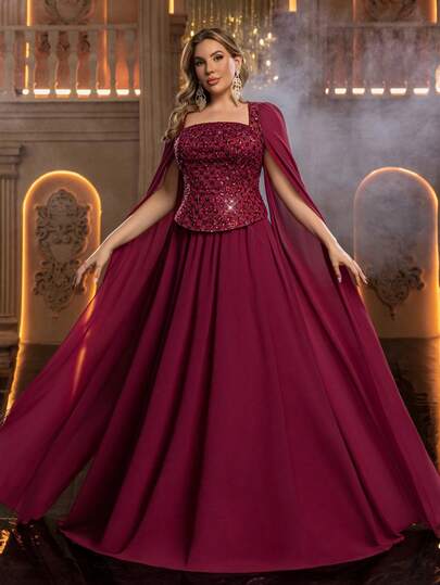 Glamrae Vestido elegante, romántico y lujoso de talla grande con parches de lentejuelas de color vino tinto, mangas abullonadas, lazo y dobladillo en línea A, adecuado para fiestas de noche, citas, bailes, vacaciones y eventos de boda