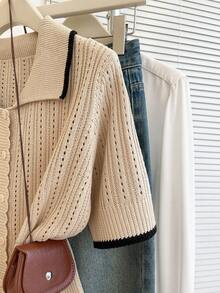 Franclia 休闲宽松Polo领短袖针织镂空衫，撞色滚边杏色女士春夏开衫，夏季上衣，女士夏季服装，度假装，女士休闲上衣，女士针织衫，米色女士上衣，翻领衬衫，复古服装，网眼衬衫，女士上衣和衬衫，工作服，女士办公室工作衬衫，女士衬衫，新款女士Polo衫，针织Polo衫，优雅针织上衣 - 杏色 - 查看 6