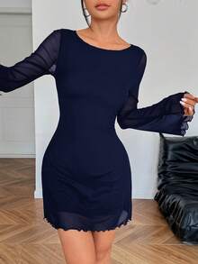 SHEIN EZwear Women's New Navy Blue & Sapphire Blue Mesh Waist Flare Sleeve Mini Dress See Through Dress Dark Blue Dress Navy Blue Dress Women Long Sleeve Dress Elegant Dress Sheer Mesh Dress Long Sleeve Elegant Dress - Navy Blue - View 4