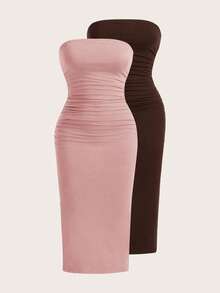 SHEIN EZwear 女士多色褶皱修身针织筒裙 - 粉色 - 查看 10
