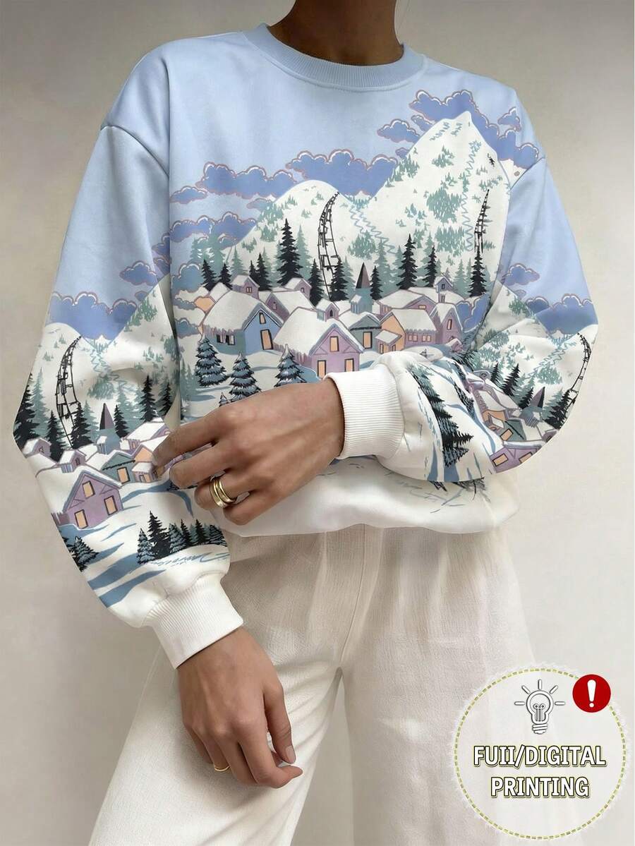 EMERY ROSE 女士风景图案休闲通勤圆领长袖卫衣，秋冬季 - 彩色 - 查看 1