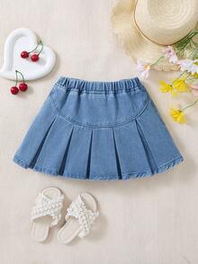 SHEIN Young Girl Fold Pleated Denim Skirt,Spring Summer Boho Cuet Skirt - Light Wash - View 2