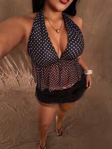 Rustia Plus Size Fashionable Sheer Deep V Polka Dot Spaghetti Strap Backless Camisole - Black and White - View 4