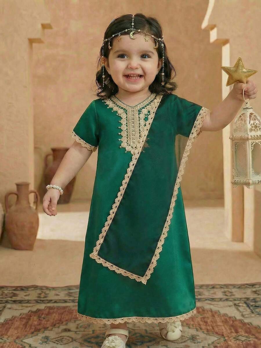 SHEIN 女婴中东传统风格短袖连衣裙+配套蕾丝披肩，舒适时尚，适合日常穿着，夏季 - 綠色 - 查看 1