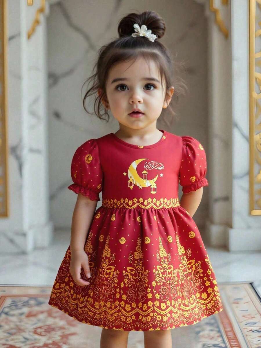 SHEIN Baby Girls Unique Print Cute Puff Sleeve Dress - Red - View 1