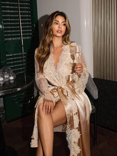 SilkySpell Asymmetrical Lace Floral Patchwork Faux Silk Sexy Plus Size Robe