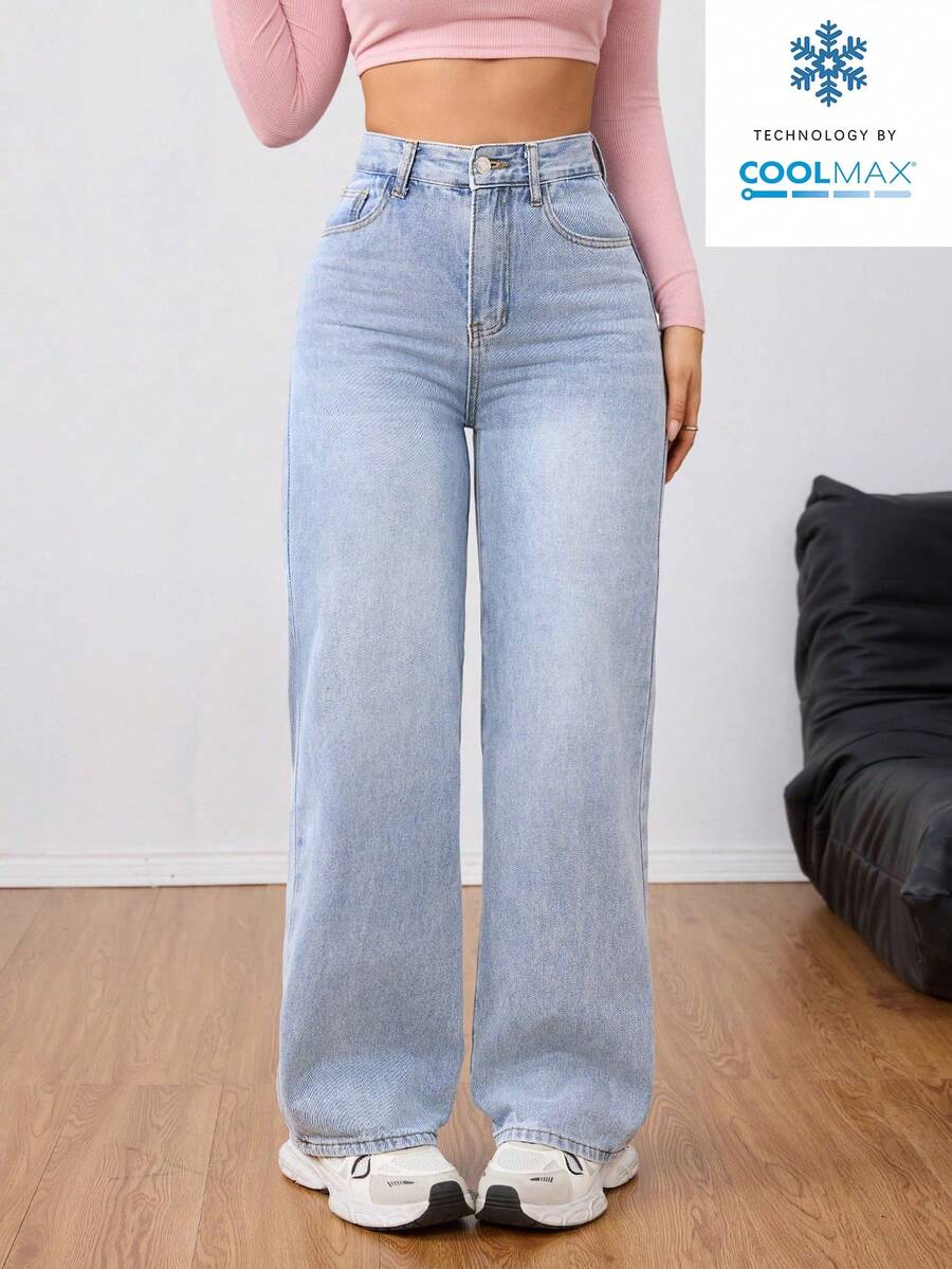 SHEIN Unity Celana Jeans Kasual Model Washed Pinggang Tinggi Potongan Lurus - Light Wash - View 1