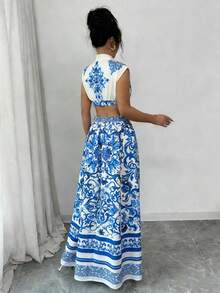 Rafferiza 女士优雅度假浪漫印花无袖露腰长裙 - 藍色 - 查看 2