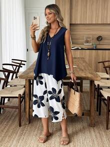 Louniche 女士V领不对称下摆衬衫和印花短裤两件套，度假休闲，春夏 - 藍色 - 查看 1