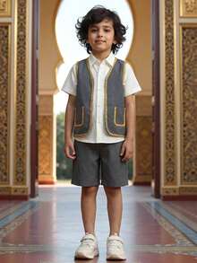Vacaura 3 Stücke/Set Jungen Lässiger Outfit mit Blumenverzierung, bestehend aus weißem Hemd und Shorts, geeignet für formelle Anlässe, Schule, Outdoor - Verschiedenfarbig - Übersicht 3