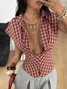 Coolane Women's Spring/Summer Chic Streetwear Y2K Back To School Casual Concert Outfit Plaid Graphics V-Neck Bustier Lapel Short Shirts - Red - View 3