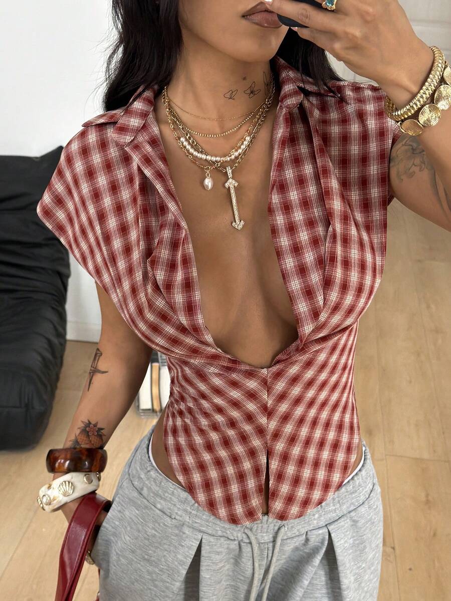 Coolane Women's Spring/Summer Chic Streetwear Y2K Back To School Casual Concert Outfit Plaid Graphics V-Neck Bustier Lapel Short Shirts - Red - View 1