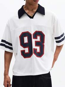 SUMWON Oversized Fit Numbered Polo Shirt With Navy Collar And Sleeve Stripes For Casual Wear - White - View 7
