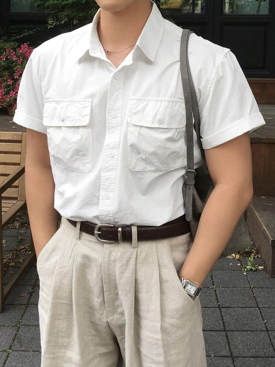 DAZY 男士纯白色口袋休闲衬衫，夏季款 - 白色 - 查看 1