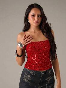 SHEIN BAE 女士无袖亮片露脐上衣，修身紧身派对吊带背心，夏季必备 - 紅色 - 查看 5