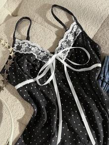 SHEIN Polka Dot Lace Patchwork Bow Tie Camisole - Black - View 3