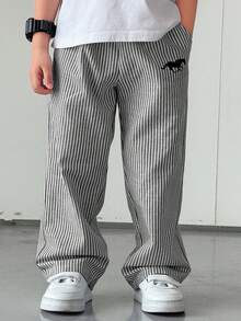 SHEIN 男童休闲街头风条纹梭织长裤，带口袋，直筒裤型，轻便舒适，适合外出、度假、摄影、上学、运动、聚会等多种场合，春夏皆宜。 - 黑色 - 查看 3