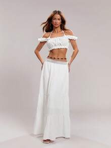 SHEIN ICON Women's Vacation Waist Contrast Lace Ruffled Hem Fashionable A-Line Skirt - White - View 4