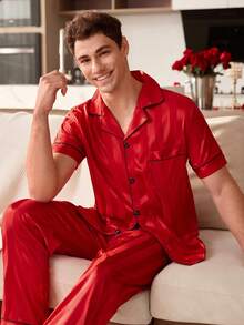 CoupledUp 男士条纹提花缎面贴袋短袖睡衣套装（2件套） - 紅色 - 查看 5