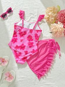 SHEIN 少女碎花荷叶边连体泳衣，带罩裙，适合游泳、度假、夏季海滩 - 粉色 - 查看 2
