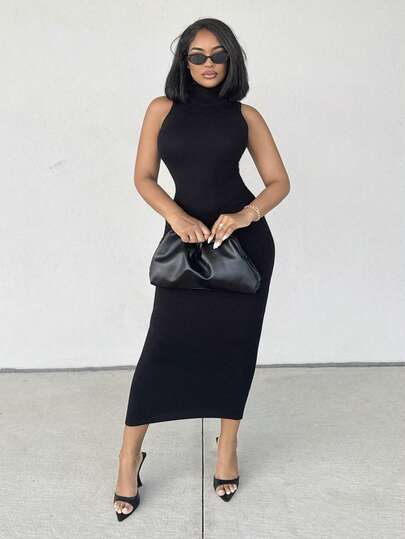 Alexandranx Minimalist Commute Young Street Wear Gray High Collar Turtleneck Sleeveless Fitted H-Line Extra Long Women Sweater Dress, Fall And Winter, Elegant, Black, Highneck