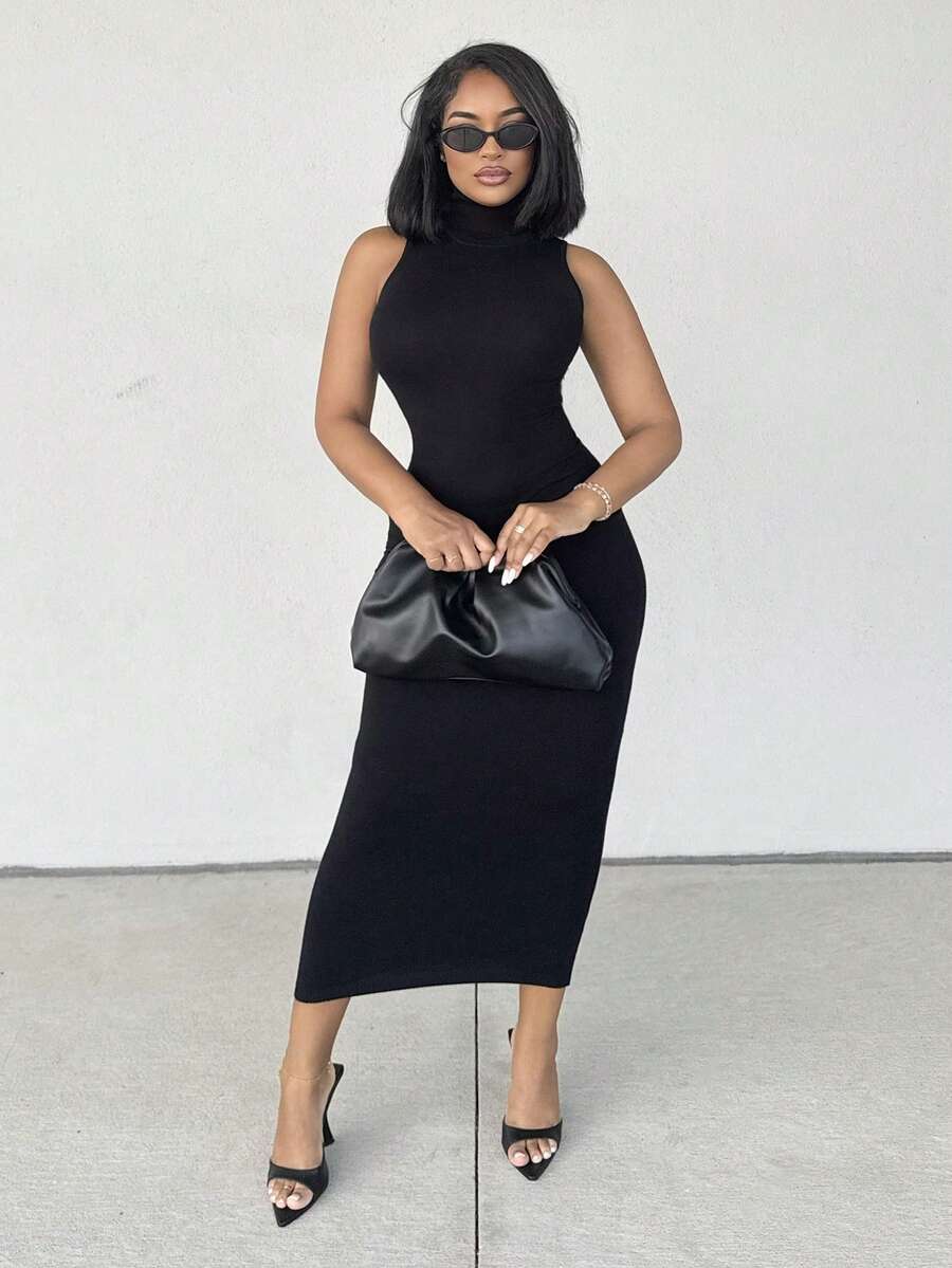 Alexandranx 极简主义通勤年轻街头装灰色高领高领无袖修身 H 型超长女士毛衣连衣裙 - 黑色 - 查看 1