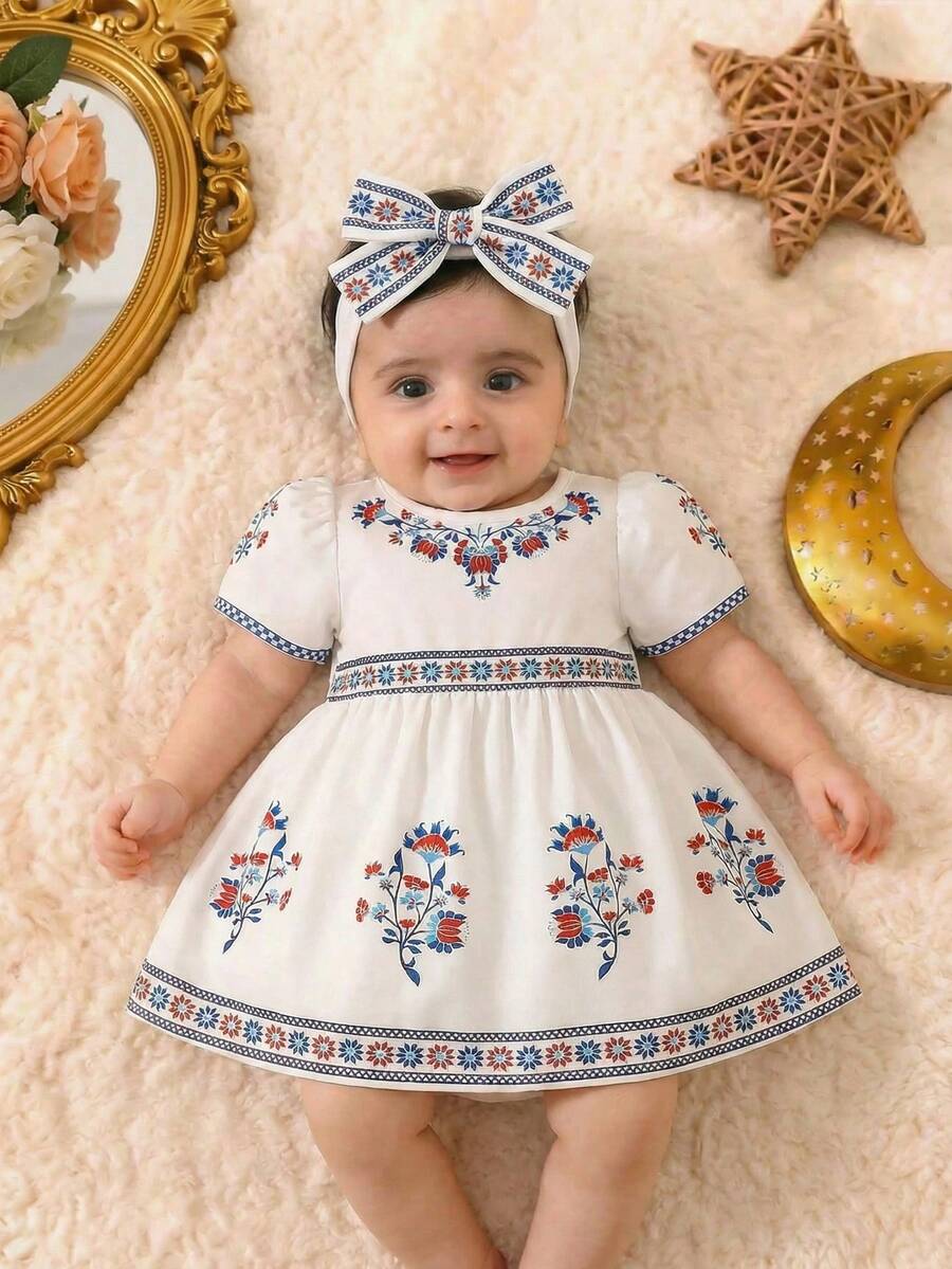 SHEIN 女婴白色泡泡袖印花喇叭下摆可爱休闲度假连衣裙，中国风印花 - 白色 - 查看 1