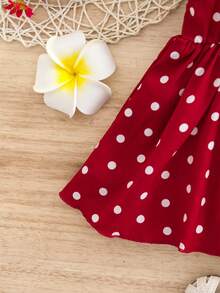 SHEIN Newborn Baby Girl Casual Vacation Cute Red Polka Dot Flutter Sleeve Dress - Red - View 6