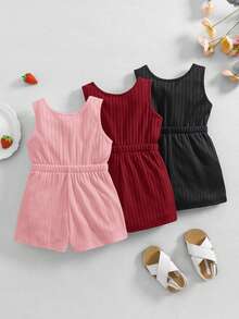 女婴休闲纯色针织吊带背心和短裤连体衣三件套 - 彩色 - 查看 9