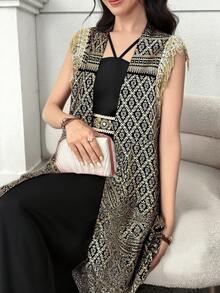 Teen Girl Gold Foil Print Sleeveless Cardigan & Spaghetti Strap Jumpsuit Elegant 2 Pieces Set - Black - View 7