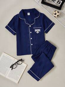 2件套男童提花足球印花短袖上衣和裤子睡衣套装，春夏款 - 寶藍色 - 查看 5