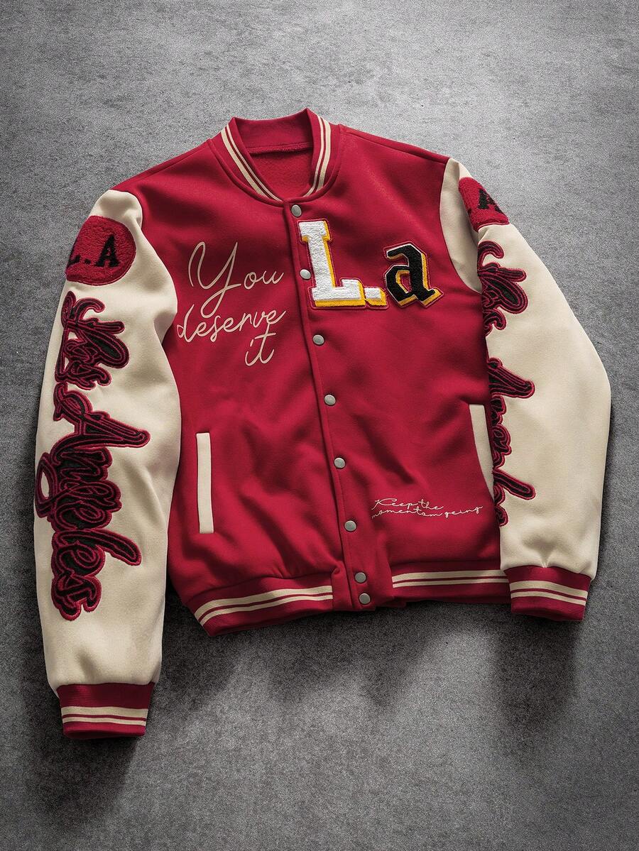 PAVTROS Áo khoác bóng chày nam phối màu tương phản, thêu chữ, áo khoác đặt may, áo khoác Letterman, áo khoác Varsity nam, áo khoác LA. - Đỏ - Xem 1