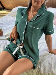 SHEIN Contrast Trim Bow Decor Lapel Cardigan Short Sleeve & Shorts Women Pajama Set - Army Green - View 4