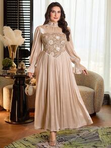 Modelyn 大码女士优雅收腰连衣裙套装 - 杏色 - 查看 5