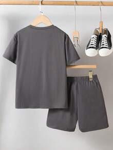 SHEIN 男童笑脸印花圆领短袖蓝色套装，休闲百搭，适合日常穿着，春夏皆宜 - 灰色 - 查看 2