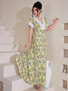 Al Najma 优雅花卉印花拼接蕾丝边长袖连衣裙，女士，春夏款 - 黃色 - 查看 2
