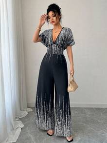 SHEIN Tall CURVE Plus Size Fashionable Commuter Contrast Color Print Jumpsuit - Silver - View 5