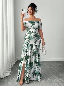 SHEIN Elenzya Vestido elegante y sofisticado de hombros descubiertos, talla grande, adecuado para fiestas, vacaciones, bodas, con diseño de abertura favorecedora - Multicolor - Ver 1
