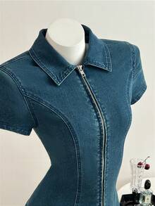 Elamini Women's Short Sleeve Zip Front Pleated Hem Casual Denim Dress - Dark Wash - View 3