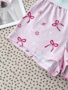 Conjunto de Camiseta Regata Rosa com Laço e Shorts Curtos com Botões para Meninas Adolescentes na Primavera e Verão, Estilo Home, Clean Girl/American BM, com Detalhes em Renda - Rosa chiclete - Visão 5