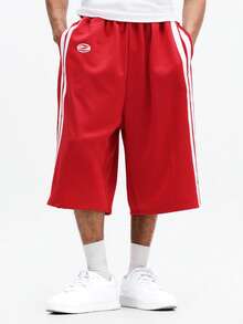 SUMWON 男士篮球短裤 阔腿宽松版型 运动休闲健身训练红色侧条纹夏季运动服 - 紅色 - 查看 3