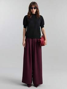 Ontre Áo thun nữ tay ngắn cổ đứng màu hồng nhạt mềm mại, thân thiện với làn da, kiểu dáng ôm sát, phù hợp với mọi mùa, trang phục thường ngày/công sở thời trang, áo len dệt kim chất lượng cao, thoải mái khi đi làm, sân bay, đi làm - màu đen - Xem 3