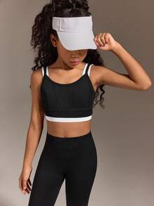 SHEIN Ensembles sans couture pour activités de préadolescentes, hauts et leggings 2 en 1 bicolores, tenue de yoga et de sport décontractée, couleurs contrastées noir et blanc, tissu extensible et confortable - Noir et Blanc - Voir 7