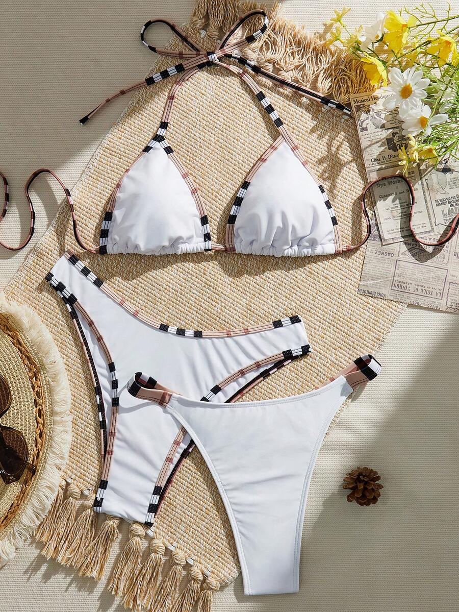Elavelle 3 piezas Conjunto de bikini de unicolor, traje de baño para mujeres para spa y resort - Blanco - Ver 1