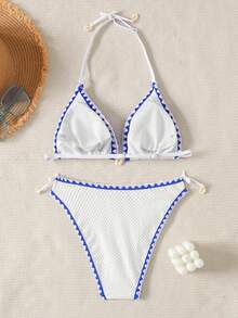 SHEIN 少女夏季泳装度假条纹露背系带性感比基尼套装，2件套，夏季沙滩 - 藍白色 - 查看 2