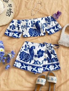 Soleia Women's Floral Print Off Shoulder Short Sleeve Top And Skort Fashion 2-Piece Set Carnival, - Multicolor - View 7